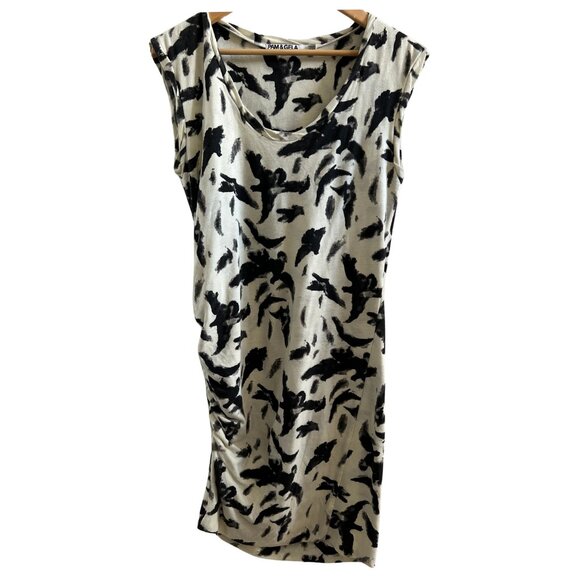 Women’s Pam & Gela Size Small Cream Black Tight Art Crow Animal Print Mini Dress - Picture 1 of 12